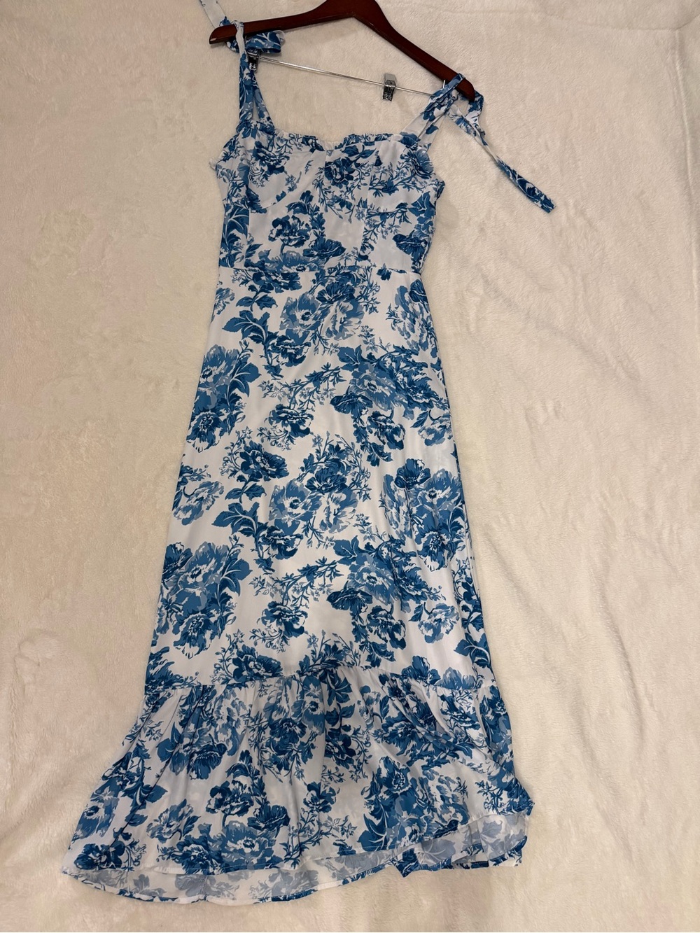 Peiran Blue White Floral Tie Strap Maxi Dress Zip Back Size Large